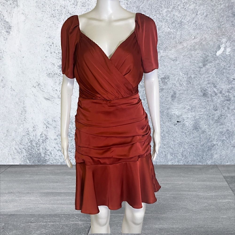 ‎Express Rust Satin short Sleeve Cocktail Dress - Picture 2 of 5